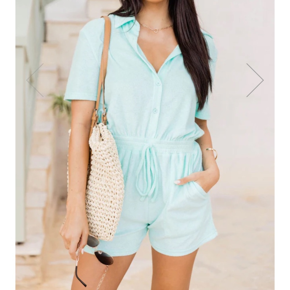 MINT TERRY CLOTH BUTTON UP ROMPER